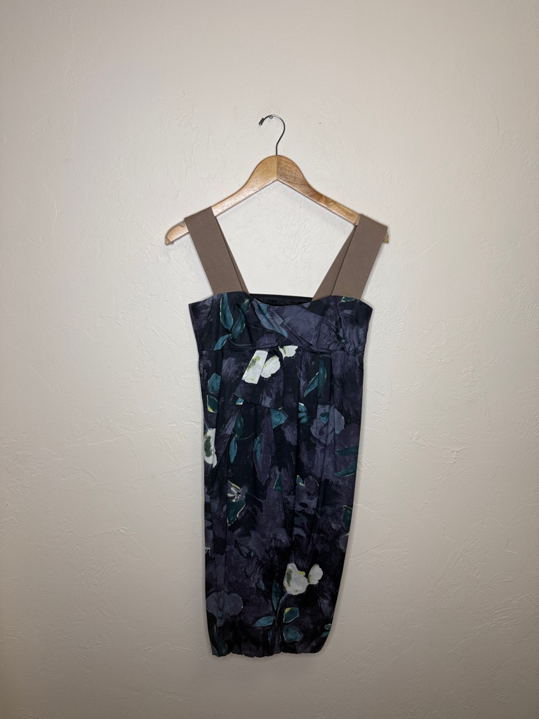Maxmara Dark Floral Dress With Taupe Straps